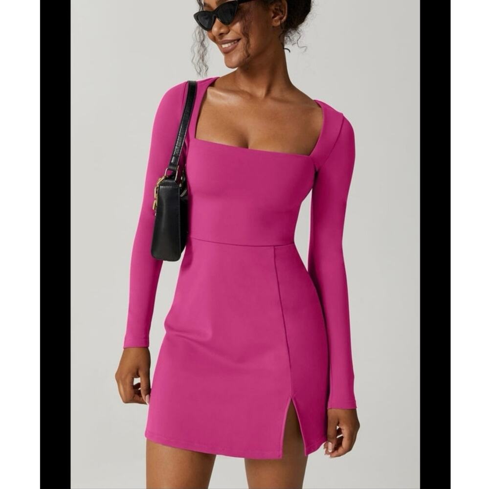 Qinsen Mini Dress Womens Size M Hot Pink Square Neck Long Sleeve Slit Bodycon